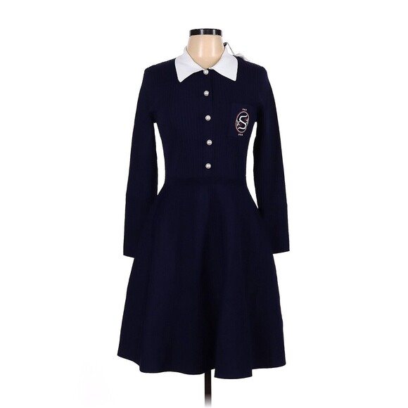 Sandro Dresses & Skirts - SANDRO Navy White Polo Collar Knitted A Line Fit & Flare Dress - FR 42 / US 10